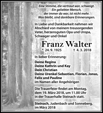 Traueranzeige von Franz Walter von Südthüringer Presse
