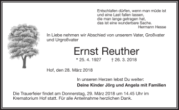 Traueranzeige von Ernst Reuther von Frankenpost
