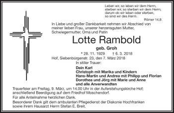 Traueranzeige von Lotte Rambold von Frankenpost