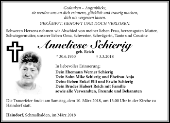 Traueranzeige von Anneliese Schierig von Südthüringer Presse