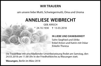Traueranzeige von Anneliese Weibrecht von Südthüringer Presse