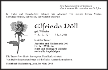 Traueranzeige von Elfriede Döll von Südthüringer Presse