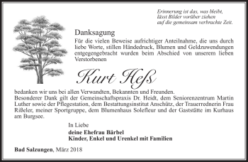 Traueranzeige von Kurt Heß von Südthüringer Presse