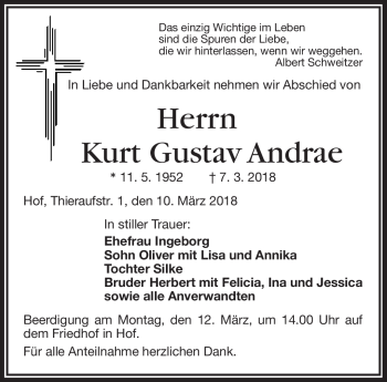 Traueranzeige von Kurt Gustav Andrae von Frankenpost