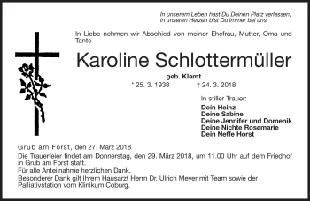 Traueranzeige von Karoline Schlottermüller von Neue Presse Coburg