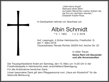 Traueranzeige von Albin Schmidt von Frankenpost
