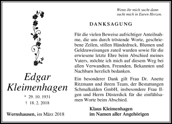 Traueranzeige von Edgar Kleimenhagen von Südthüringer Presse