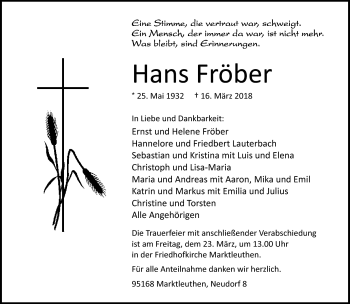 Traueranzeige von Hans Fröber von Frankenpost