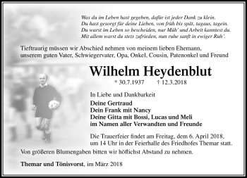 Traueranzeige von Wilhelm Heydenblut von Südthüringer Presse