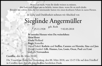 Traueranzeige von Sieglinde Angermüller von Neue Presse Coburg