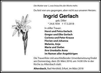 Traueranzeige von Ingrid Gerlach von Südthüringer Presse