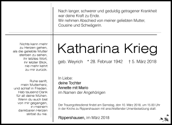 Traueranzeige von Katharina Krieg von Südthüringer Presse