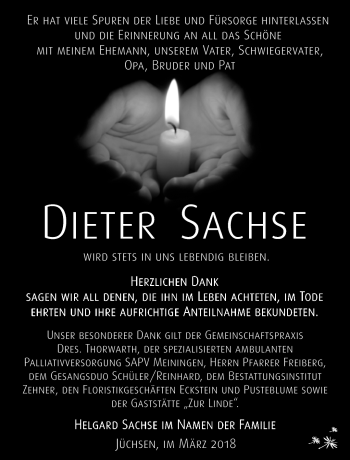 Traueranzeige von Dieter Sachse von Südthüringer Presse