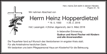 Traueranzeige von Heinz Hopperdietzel von Frankenpost