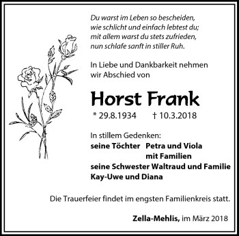 Traueranzeige von Horst Frank von Südthüringer Presse