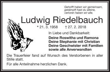 Traueranzeige von Ludwig Riedelbauch von Frankenpost