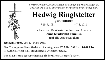 Traueranzeige von Hedwig Ringlstetter von Neue Presse Coburg