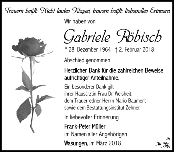 Traueranzeige von Gabriele Röbisch von Südthüringer Presse