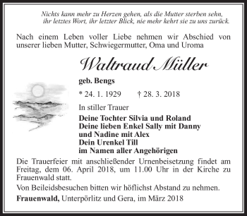Traueranzeige von Waltraud Müller von Südthüringer Presse