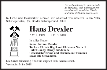 Traueranzeige von Hans Drexler von Südthüringer Presse