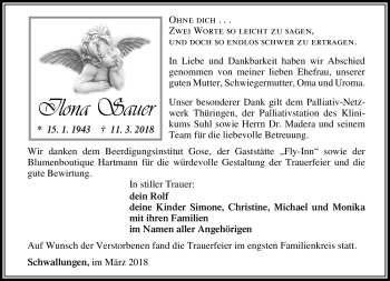 Traueranzeige von Ilona Sauer von Südthüringer Presse