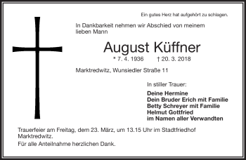 Traueranzeige von August Küffner von Frankenpost