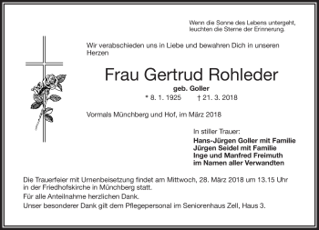 Traueranzeige von Gertrud Rohleder von Frankenpost