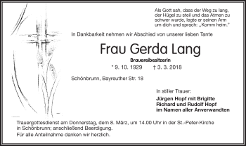 Traueranzeige von Gerda Lang von Frankenpost