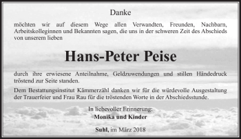 Traueranzeige von Hans-Peter Peise von Südthüringer Presse
