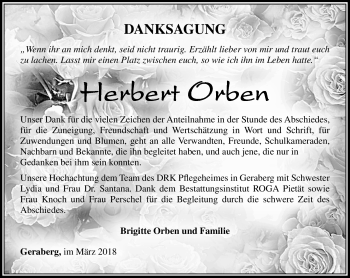 Traueranzeige von Herbert Orben von Südthüringer Presse