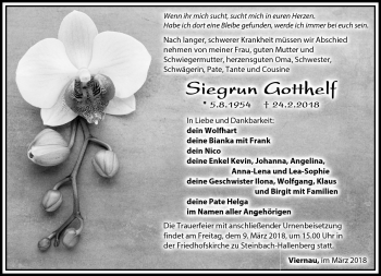 Traueranzeige von Siegrun Gotthelf von Südthüringer Presse
