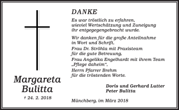 Traueranzeige von Margareta Bulitta von Frankenpost