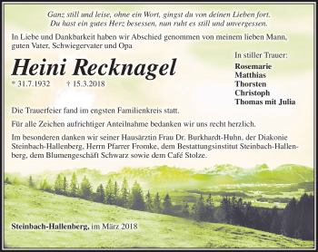 Traueranzeige von Heini Recknagel von Südthüringer Presse