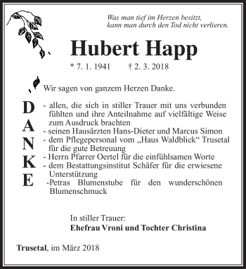 Traueranzeige von Hubert Happ von Südthüringer Presse