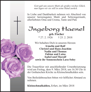 Traueranzeige von Ingeborg Haenel von Südthüringer Presse