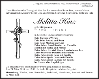 Traueranzeige von Melitta Hinz von Südthüringer Presse