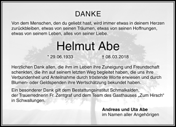 Traueranzeige von Helmut Abe von Südthüringer Presse
