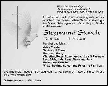 Traueranzeige von Siegmund Storch von Südthüringer Presse