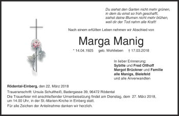 Traueranzeige von Marga Manig von Neue Presse Coburg