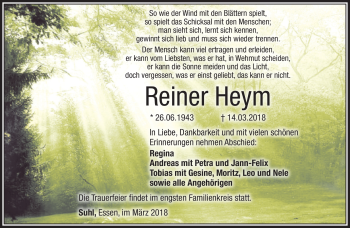 Traueranzeige von Reiner Heym von Südthüringer Presse