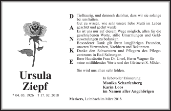 Traueranzeige von Ursula Ziepf von Südthüringer Presse