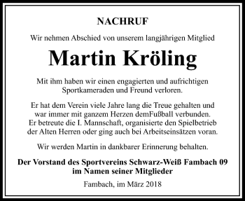 Traueranzeige von Martin Kröling von Südthüringer Presse
