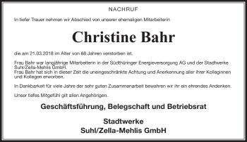 Traueranzeige von Christine Bahr von Südthüringer Presse
