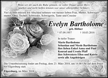 Traueranzeige von Evelyn Bartholome von Südthüringer Presse