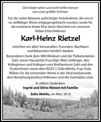 Traueranzeige von Karl-Heinz Rietzel von Südthüringer Presse