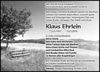 Traueranzeige von Klaus Ehrlein von Südthüringer Presse