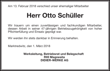 Traueranzeige von Otto Schüller von Frankenpost