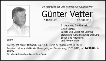Traueranzeige von Günter Vetter von Neue Presse Coburg