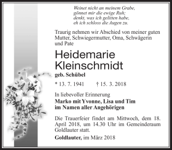 Traueranzeige von Heidemarie Kleinschmidt von Südthüringer Presse