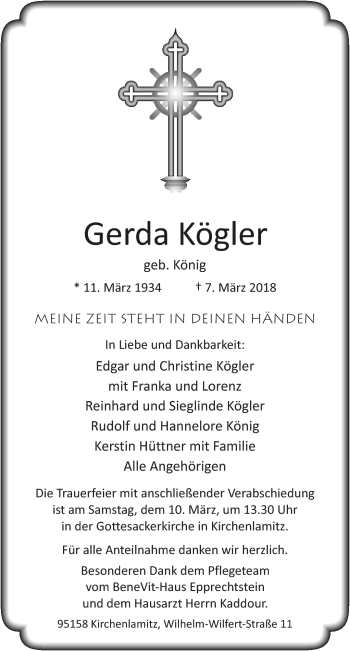 Traueranzeige von Gerda Kögler von Frankenpost